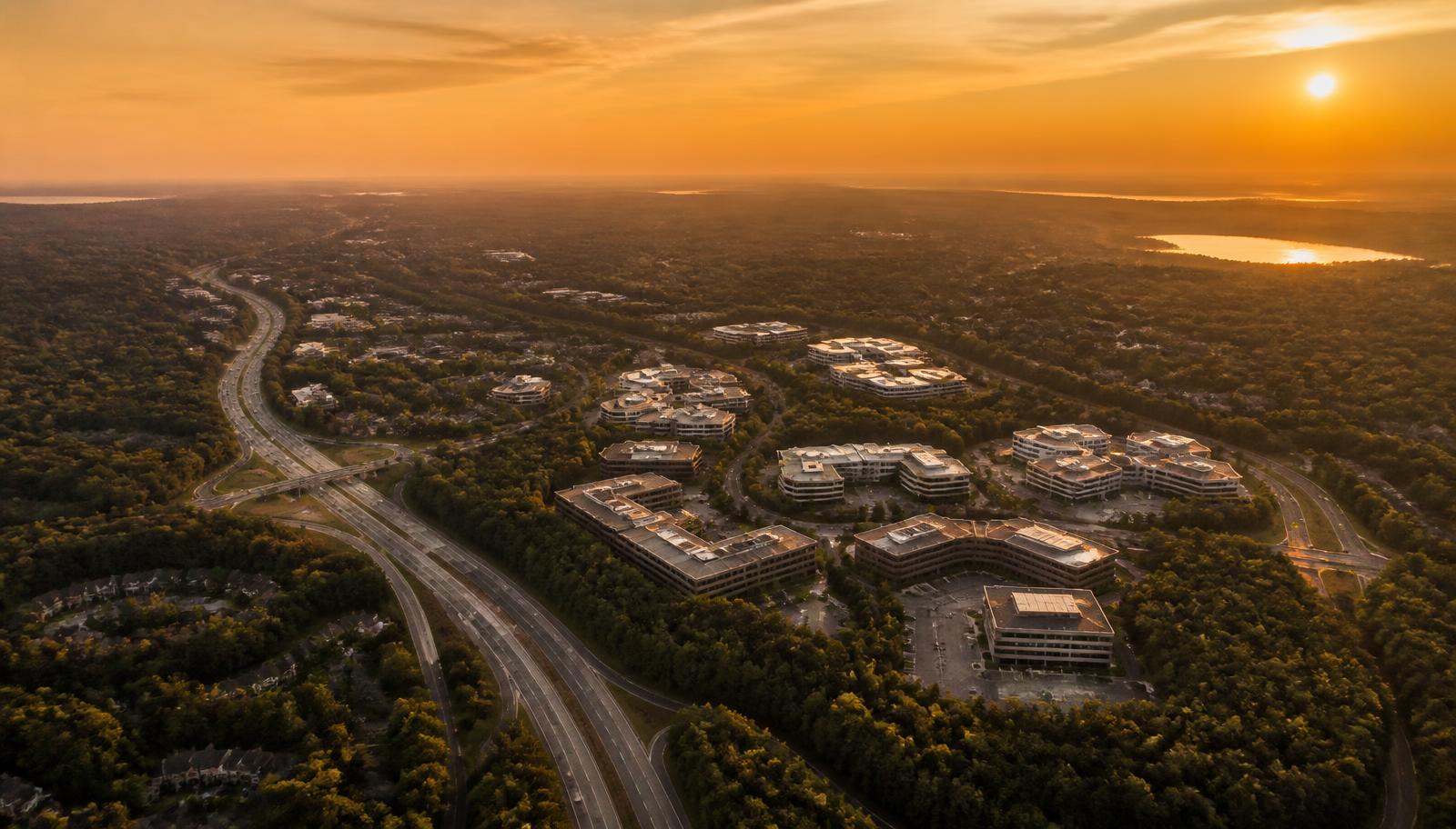 The Baltimore–Washington suburban corridor at golden hour — illustrative regional imagery